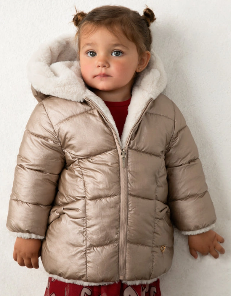 Girls Bronze and Cream Reversible Fluffy Coat
