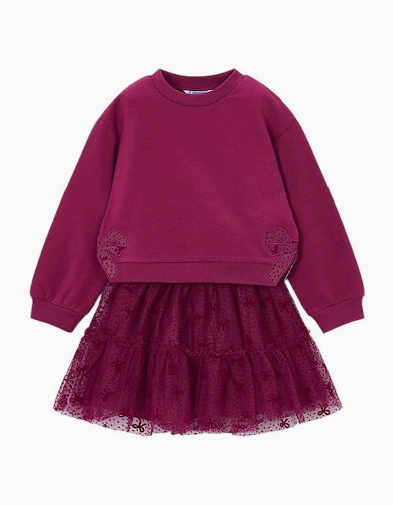 Girls Burgundy Bow Jumper Tulle Skirt Set