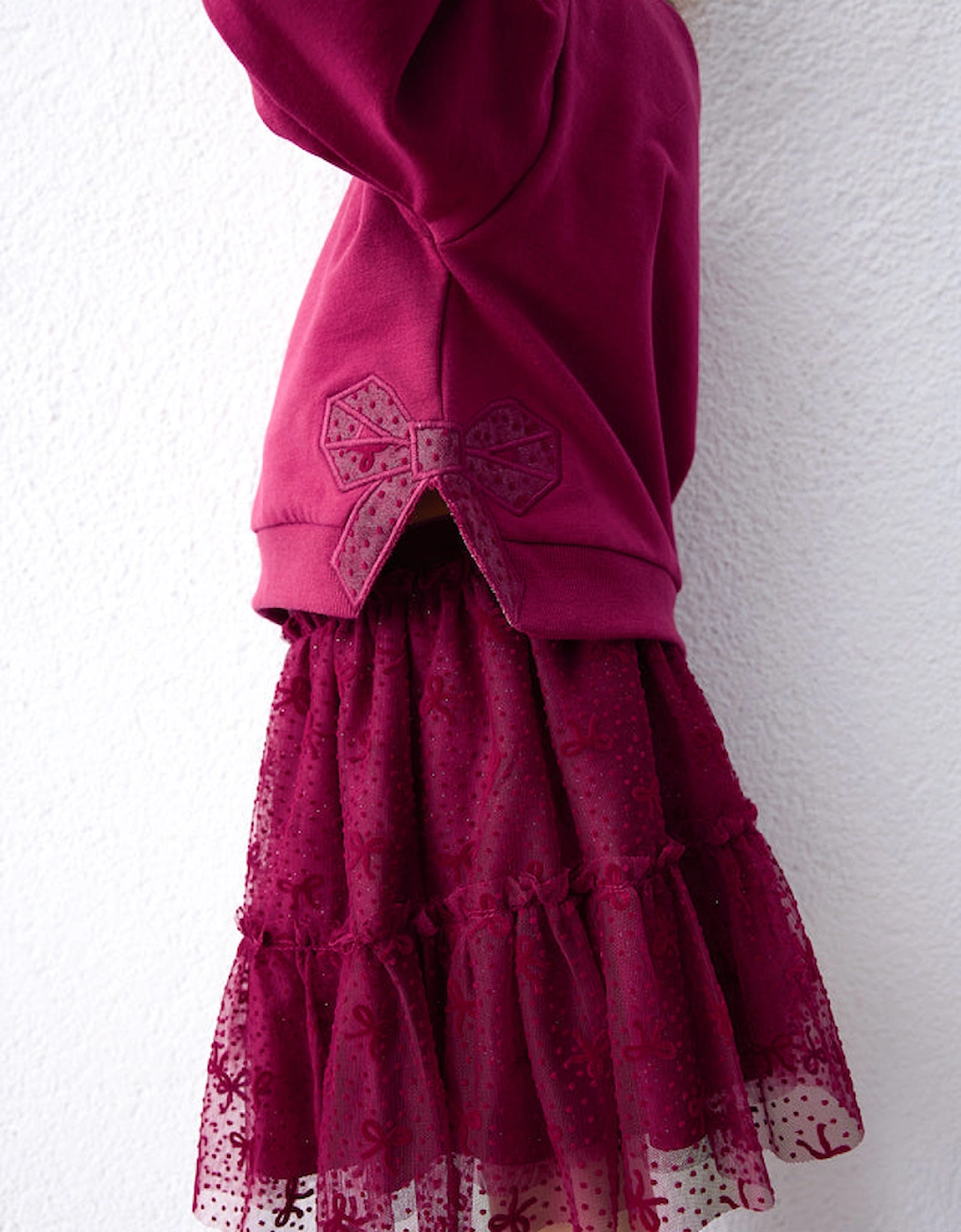 Girls Burgundy Bow Jumper Tulle Skirt Set