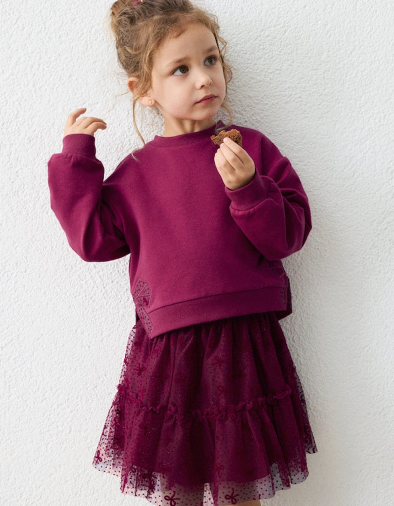 Girls Burgundy Bow Jumper Tulle Skirt Set