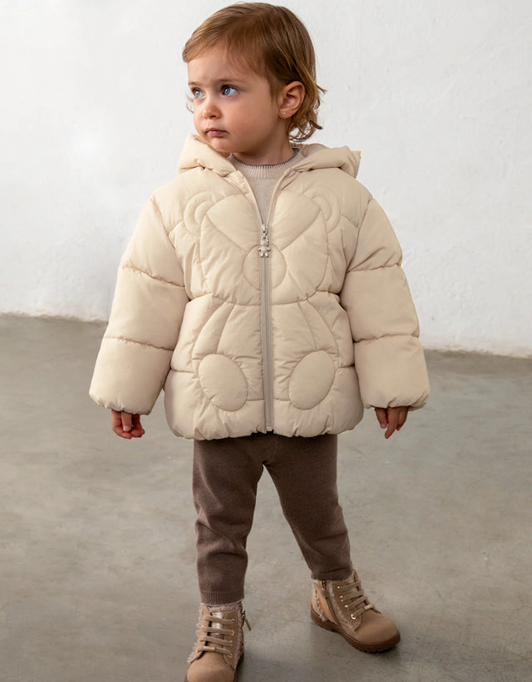 Girls Cream Teddy Bear Puffer Coat