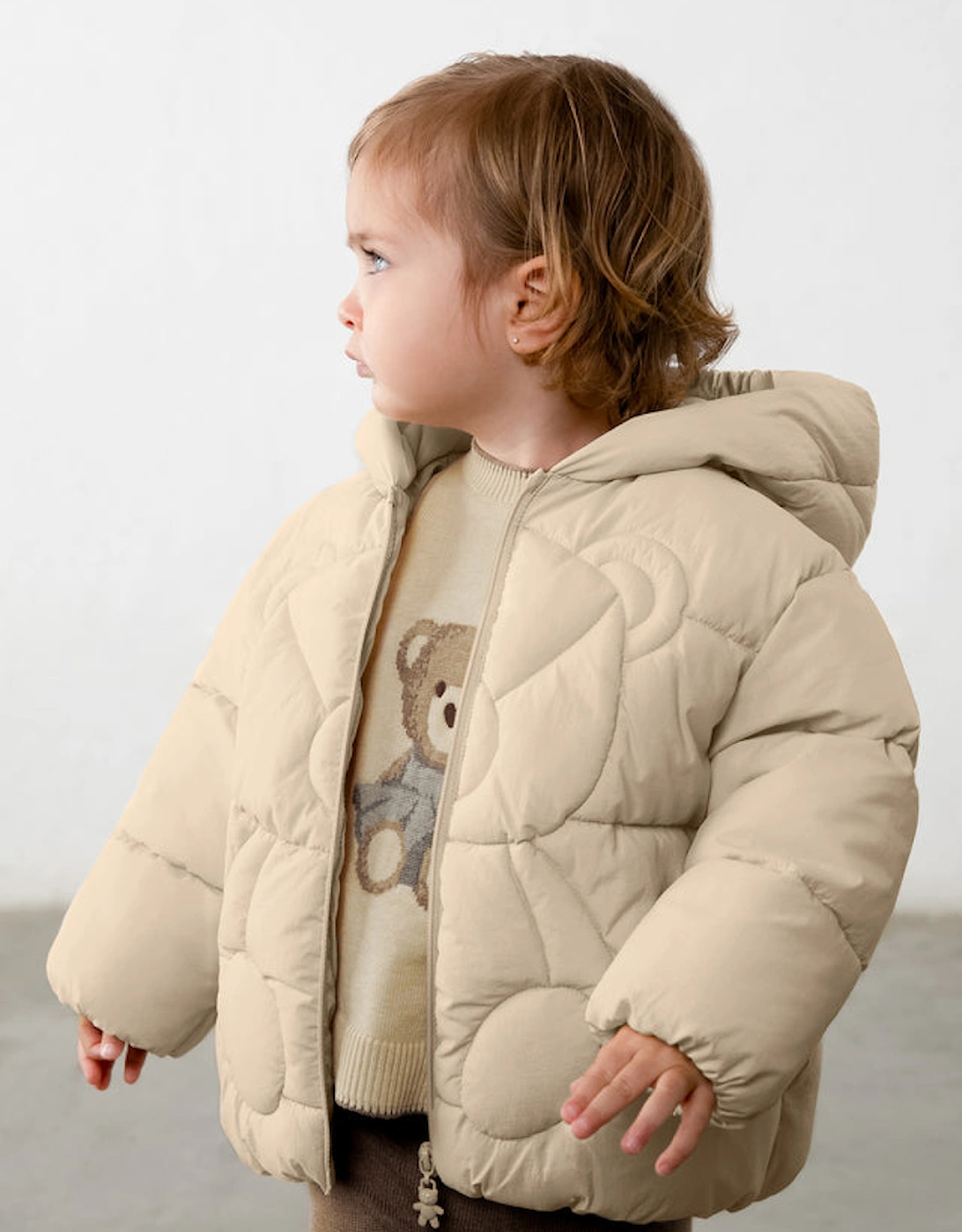 Girls Cream Teddy Bear Puffer Coat