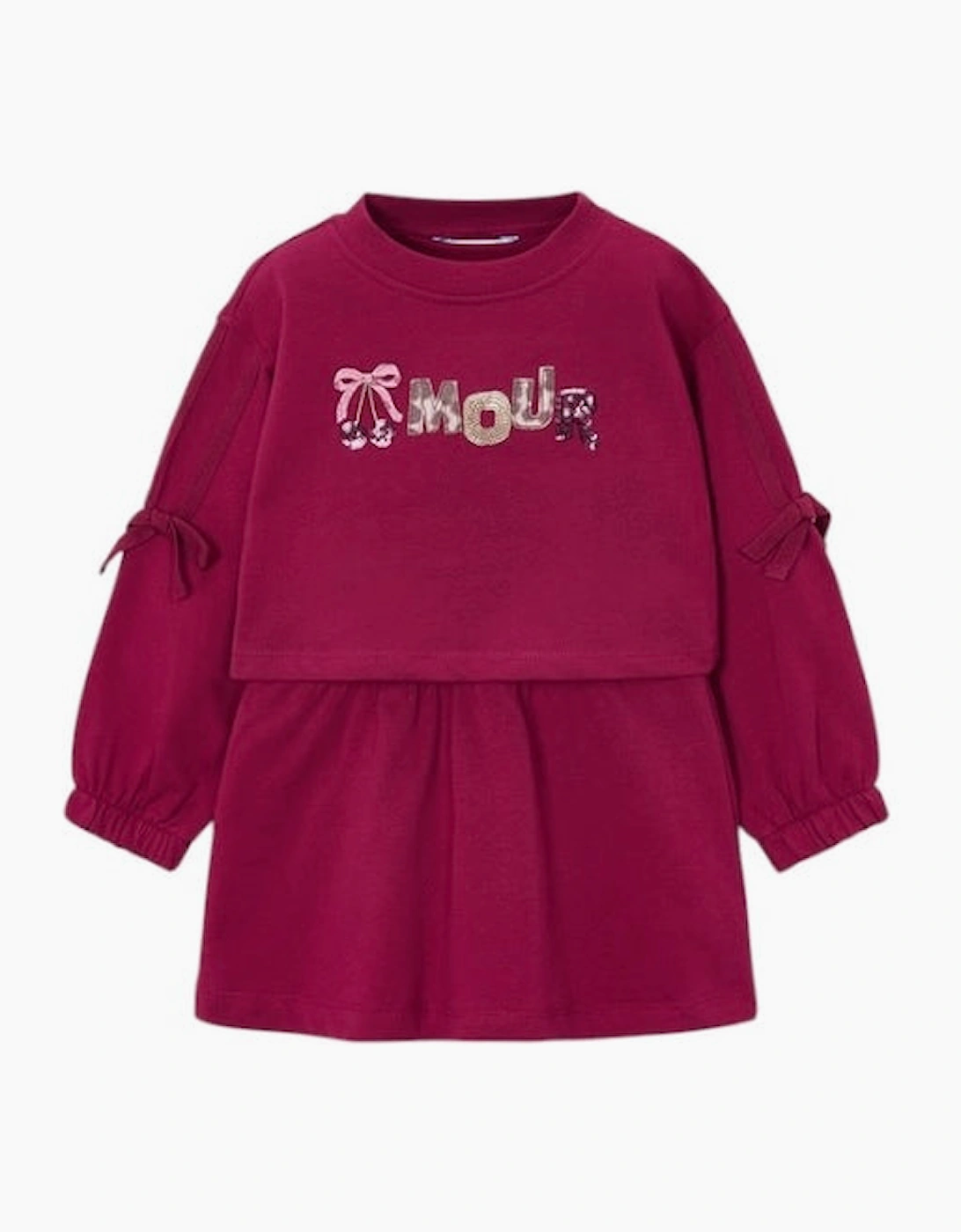 Girls Burgundy Printed Cherry Hooded Dress, 6 of 5