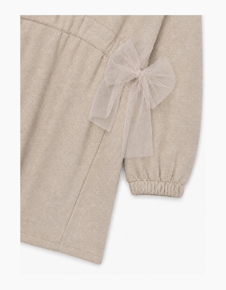 Girls Beige Shimmer Tulle Bow Dress