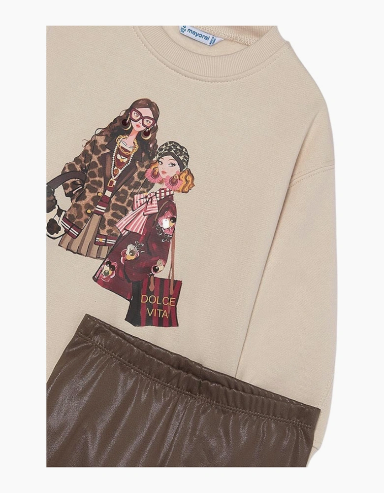 Girls Brown Jumper Leather Look Legging Set