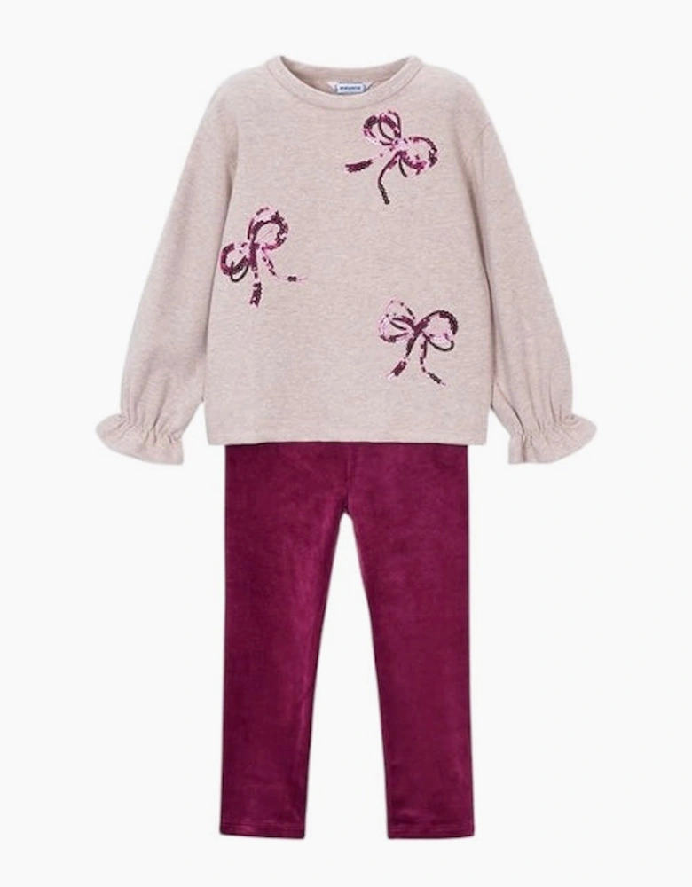Girls Burgundy Bow Jumper Velvet Legging Set