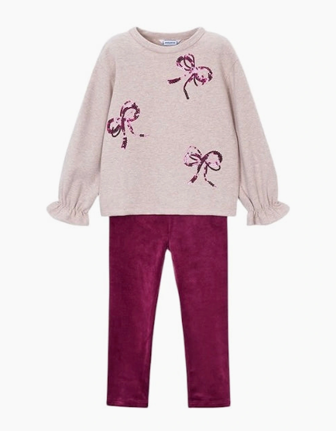 Girls Burgundy Bow Jumper Velvet Legging Set, 4 of 3
