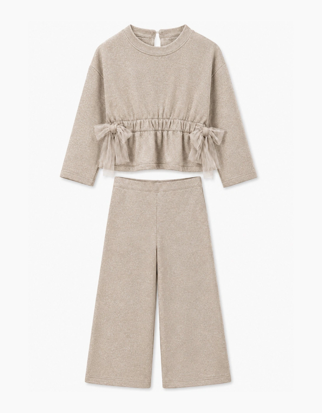 Girls Beige Shimmer Tulle Bow Tracksuit, 4 of 3