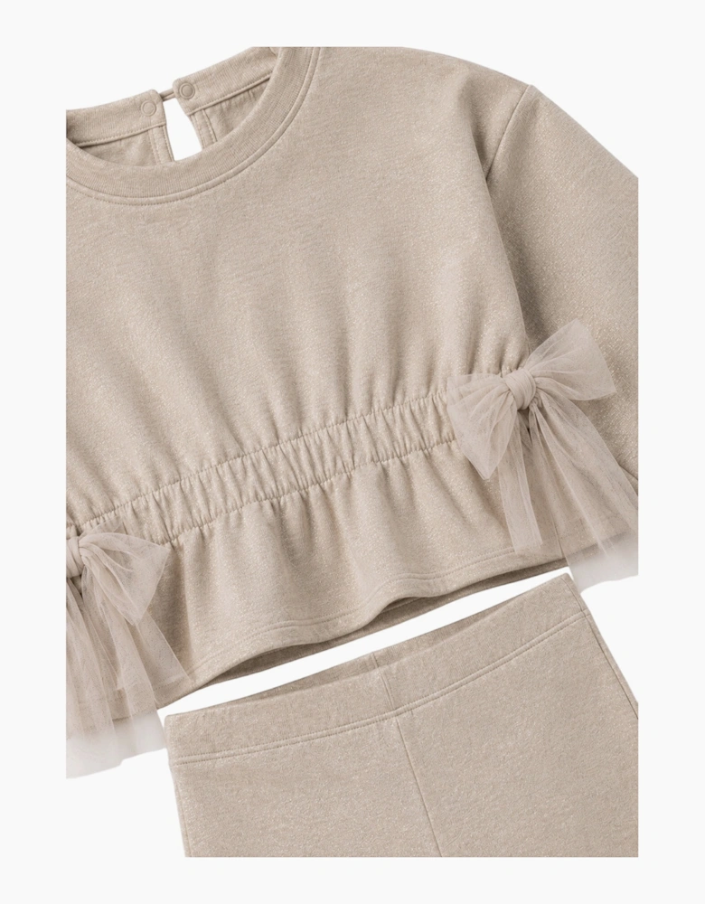 Girls Beige Shimmer Tulle Bow Tracksuit