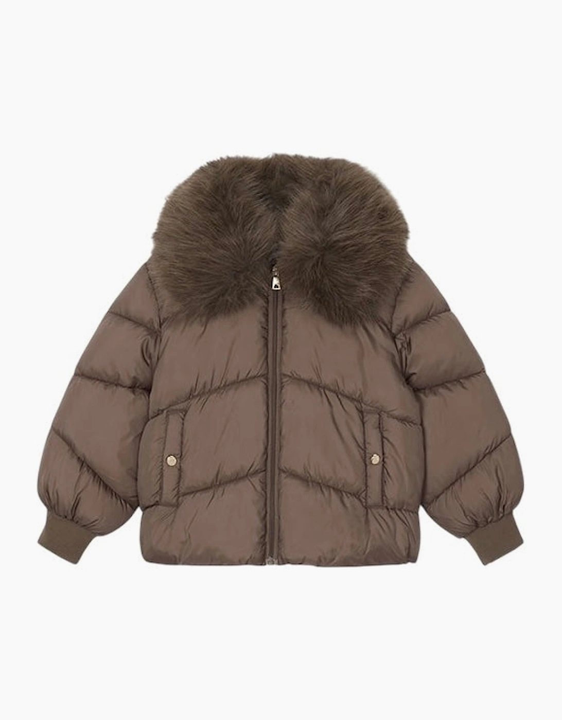Girls Brown Faux Fur Collared Puffer Coat, 4 of 3