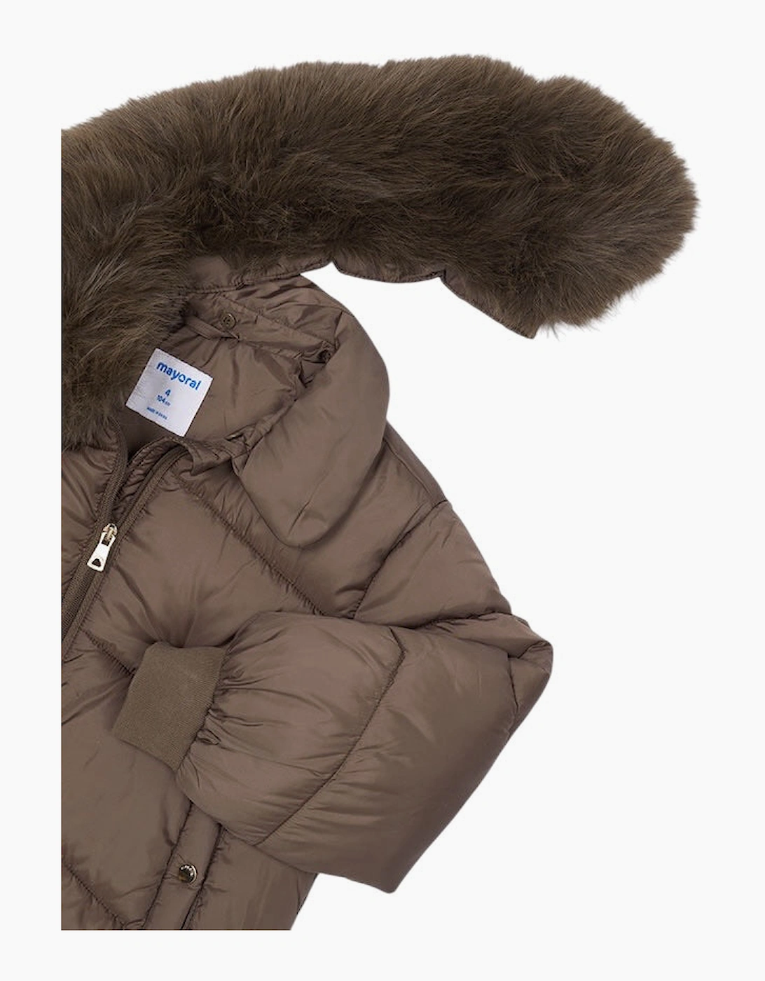 Girls Brown Faux Fur Collared Puffer Coat