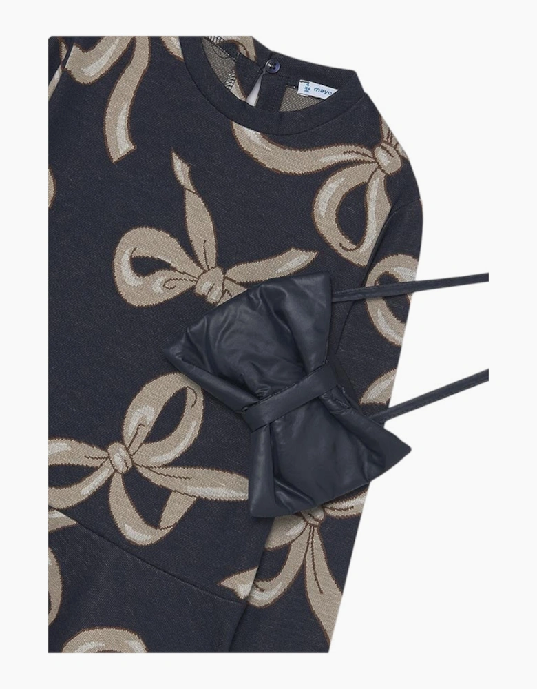 Girls Navy Bow Print Dress and Bag