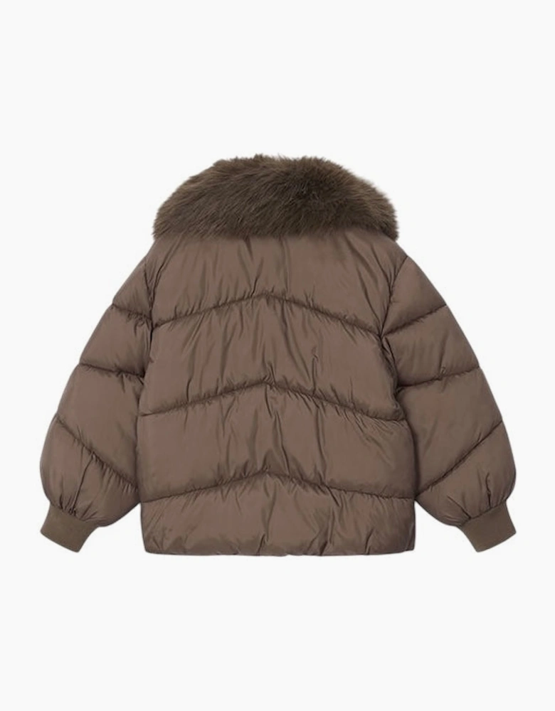 Girls Brown Faux Fur Collared Puffer Coat
