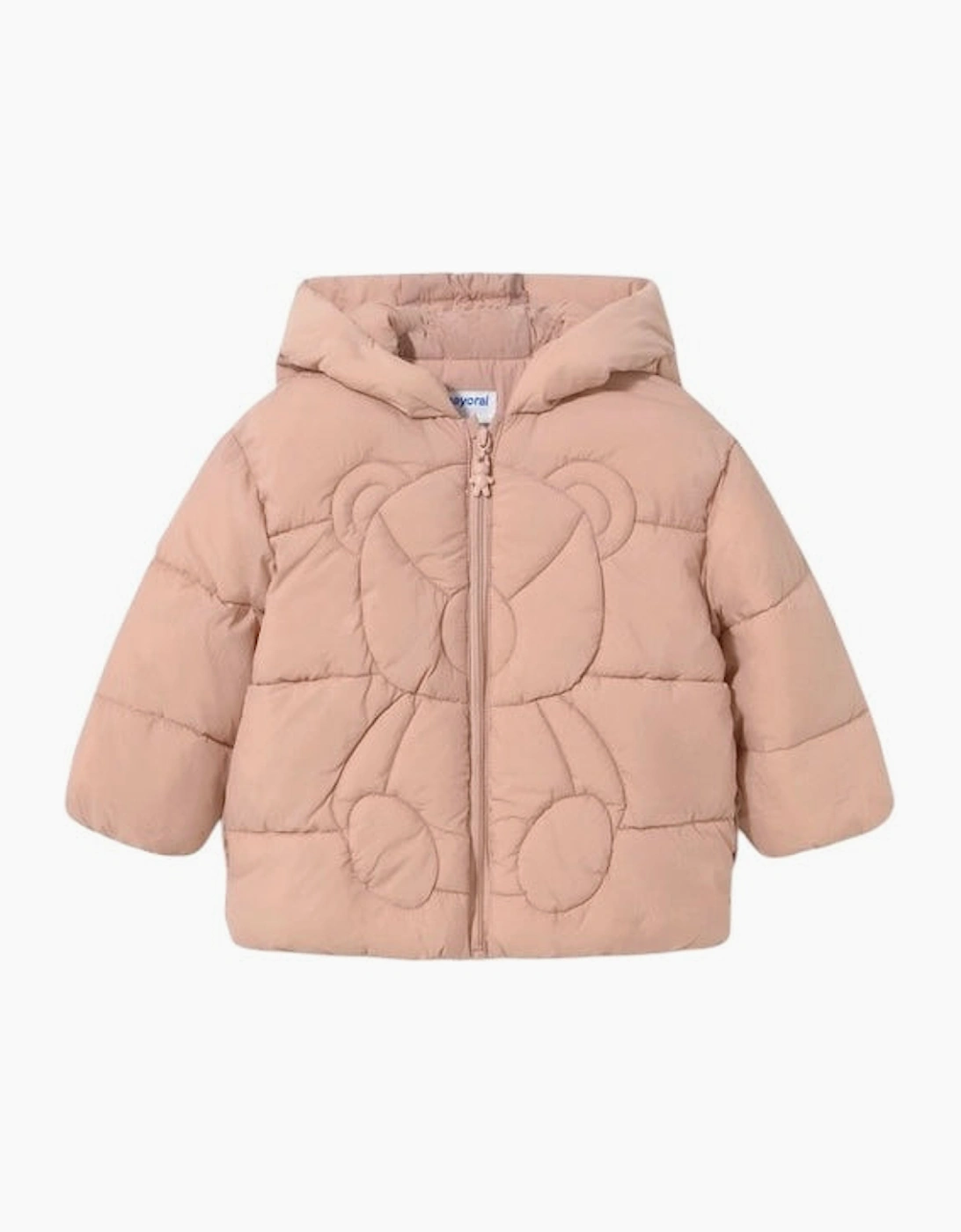 Girls Peach Pink Teddy Bear Puffer Coat, 4 of 3