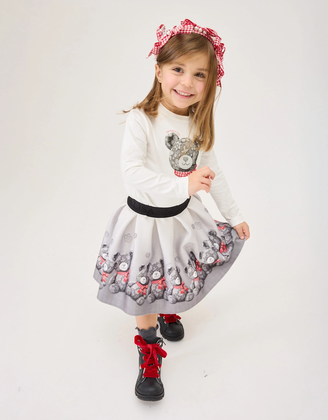 Monnalisa Girls Neoprene Teddy Bear Skirt in Grey