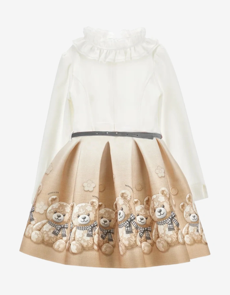 Monnalisa Girls Flower Teddy Bear Dress in Beige