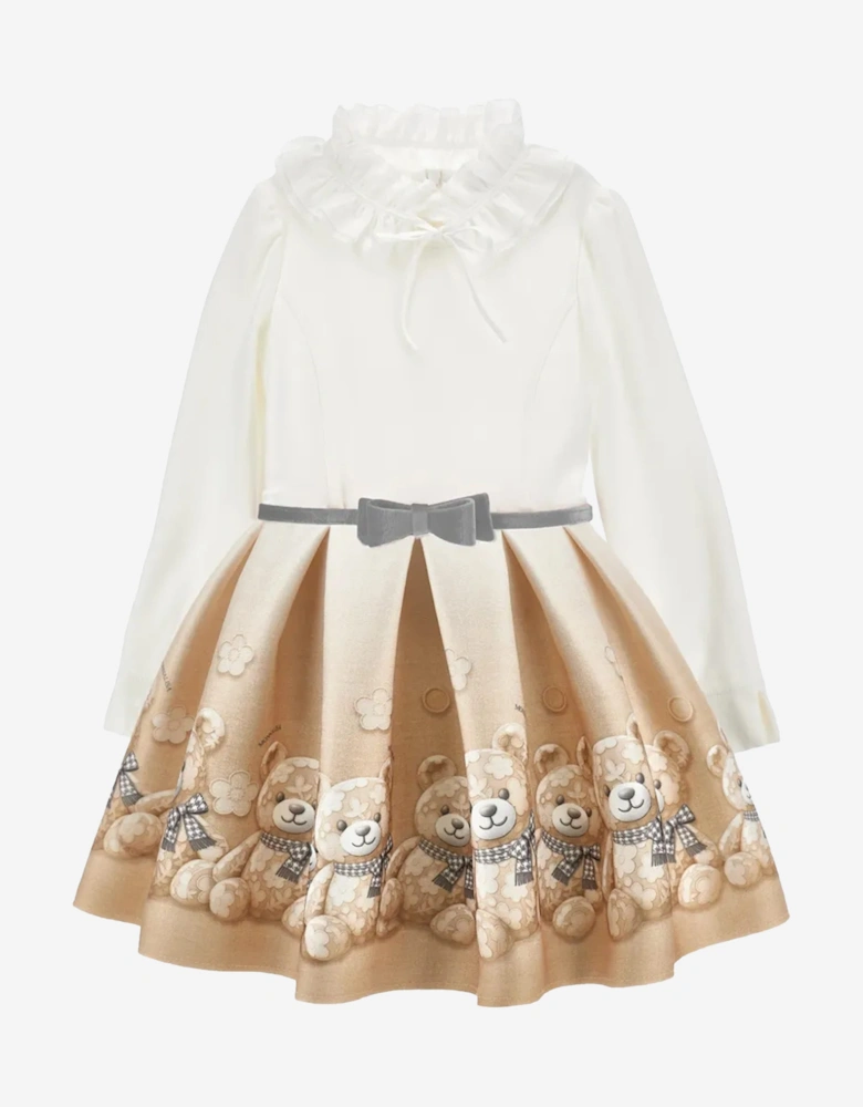Monnalisa Girls Flower Teddy Bear Dress in Beige