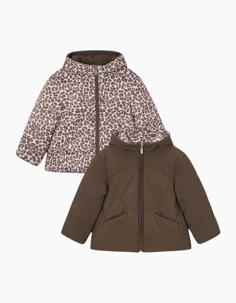 Girls Brown Printed Reversible Padded Coat