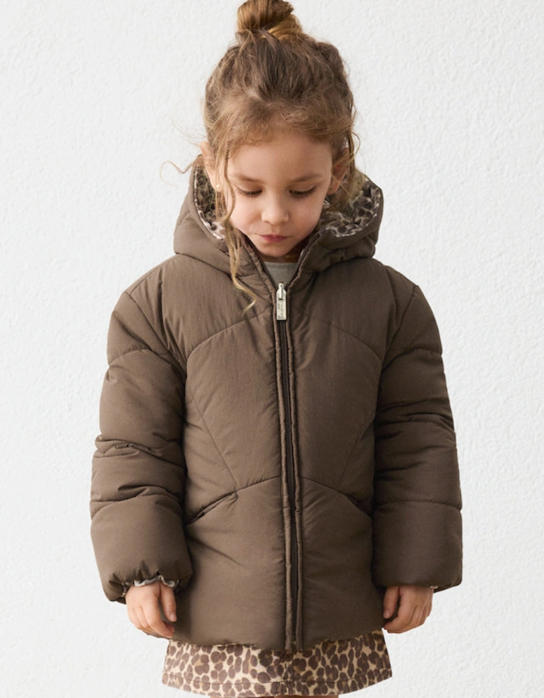 Girls Brown Printed Reversible Padded Coat