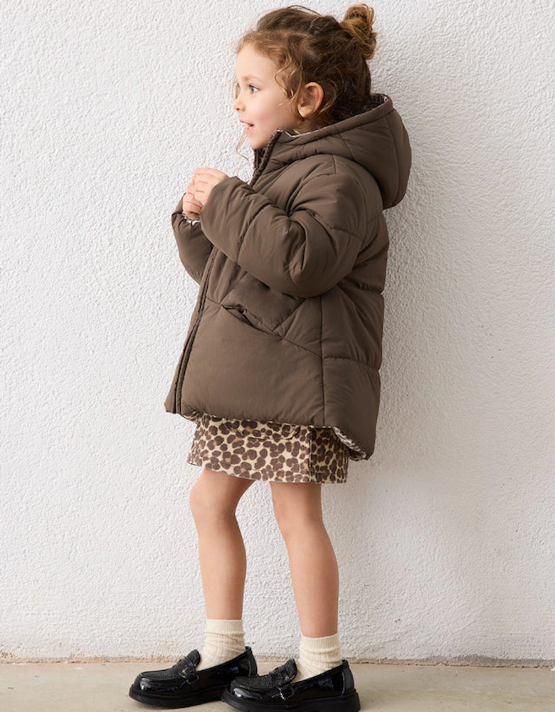 Girls Brown Printed Reversible Padded Coat