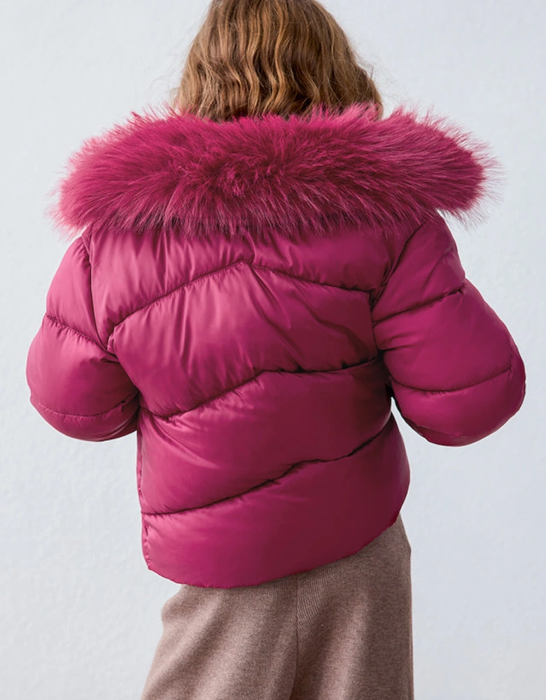 Girls Burgundy Faux Fur Collared Puffer Coat