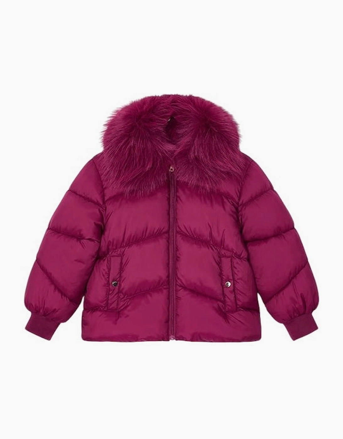 Girls Burgundy Faux Fur Collared Puffer Coat, 7 of 6