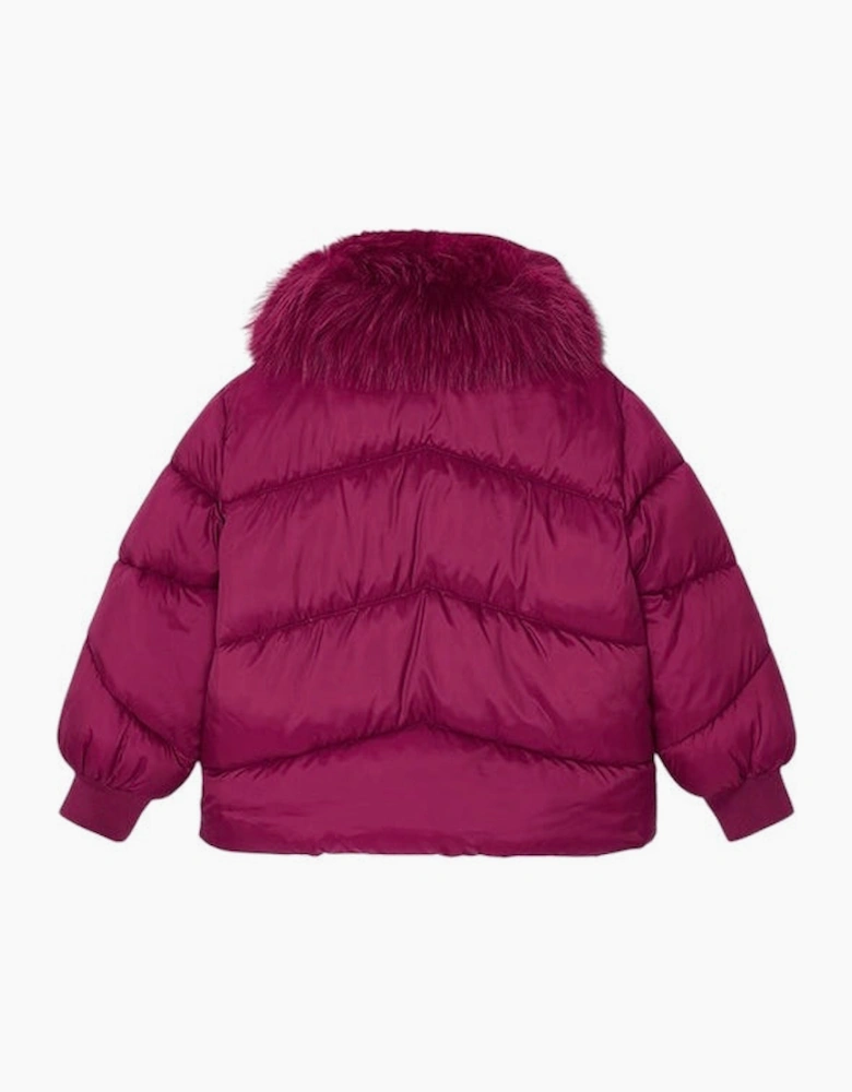 Girls Burgundy Faux Fur Collared Puffer Coat