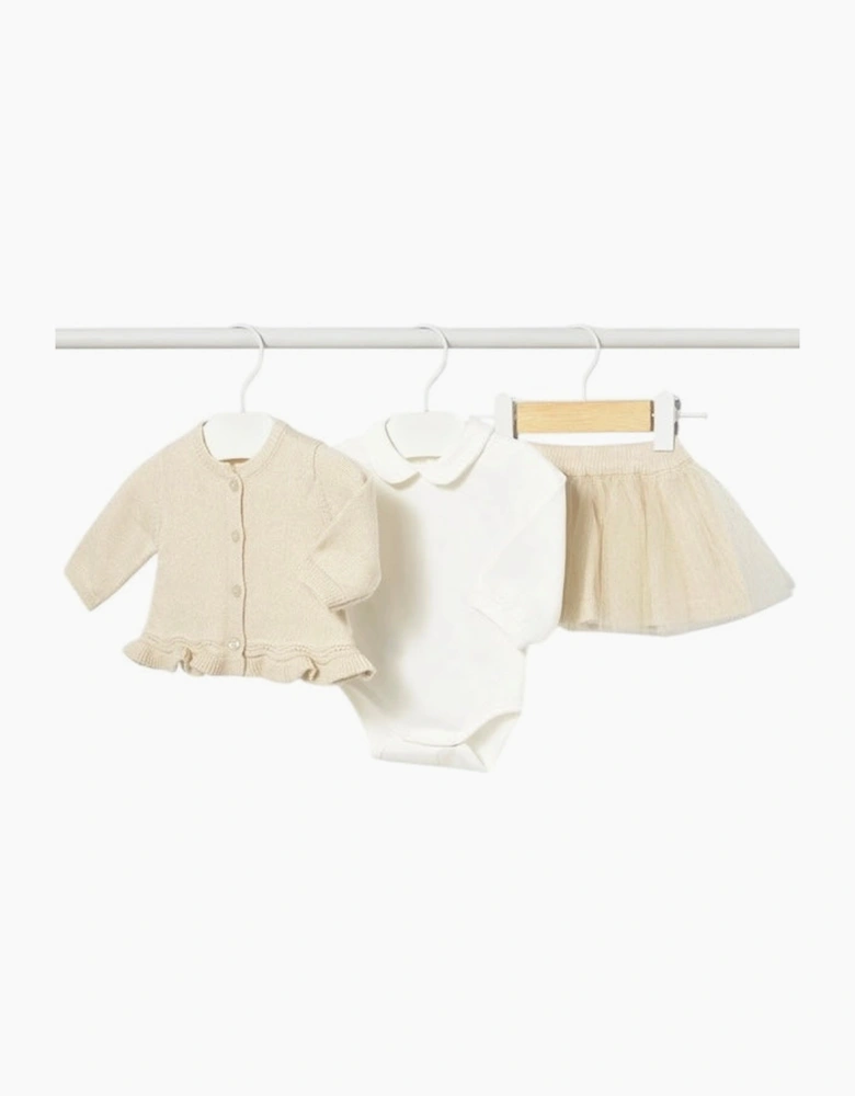 Girls Gold 3 Piece Cardigan Tulle Skirt Set