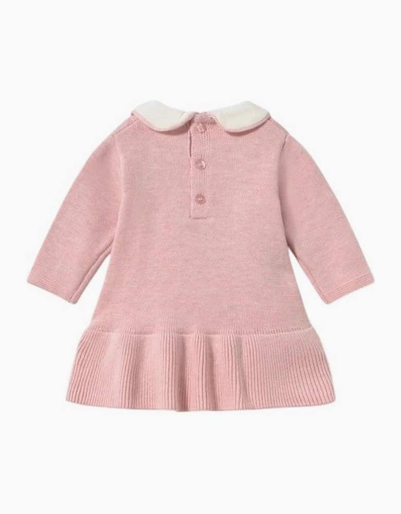 Girls Pink Knit Collared Bow Dress