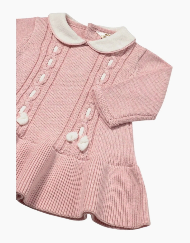 Girls Pink Knit Collared Bow Dress