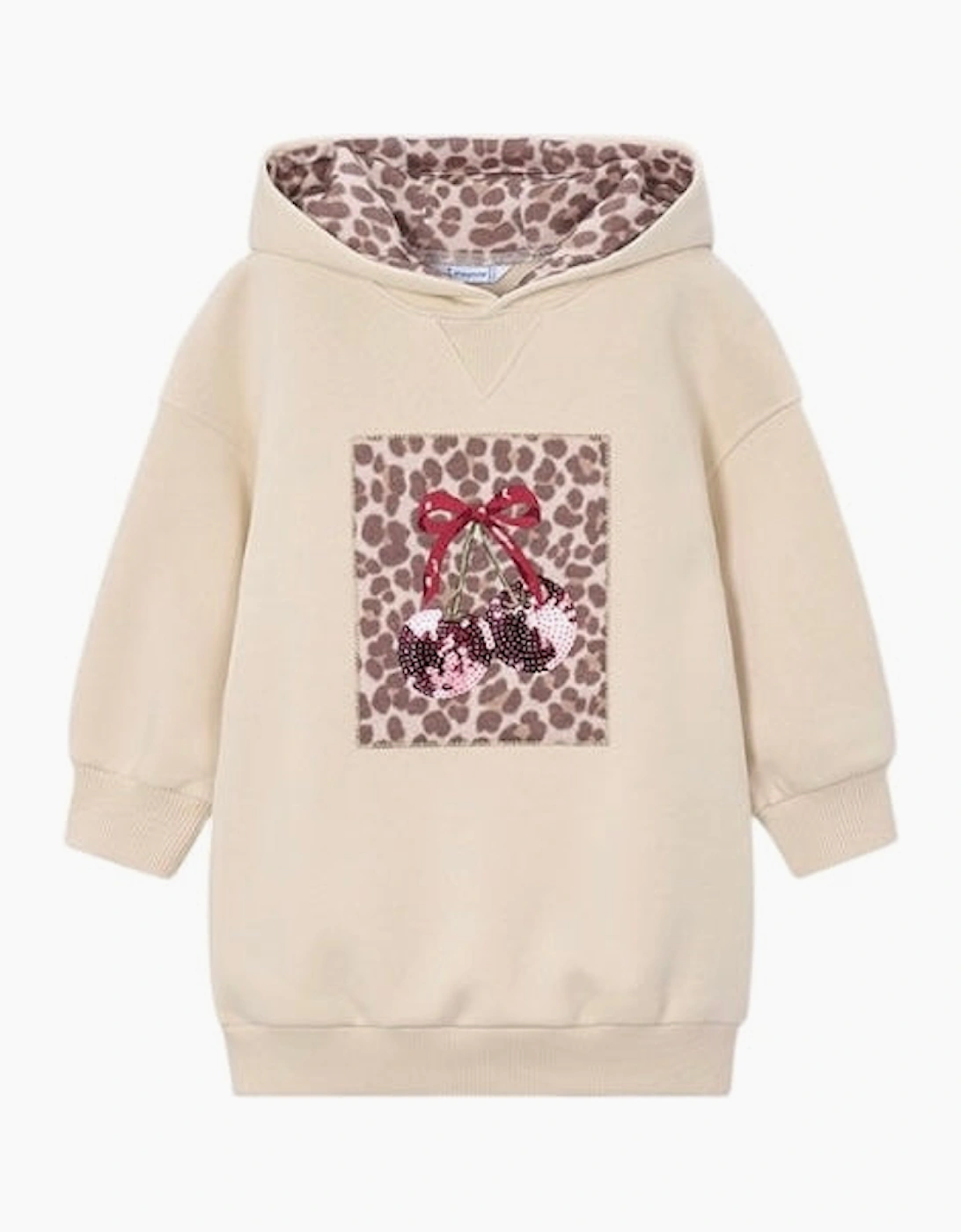 Girls Cream Printed Cherry Hooded Dress, 6 of 5