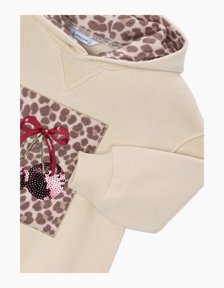 Girls Cream Printed Cherry Hooded Dress