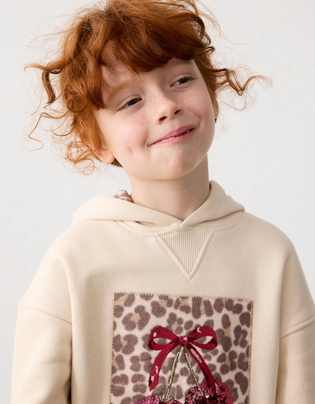 Girls Cream Printed Cherry Hooded Dress