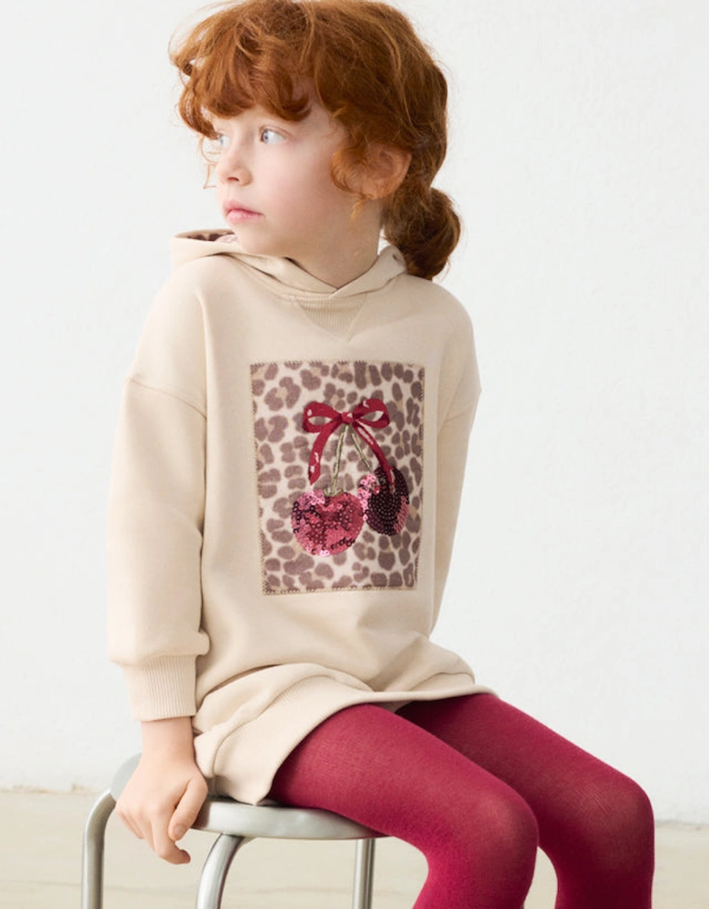 Girls Cream Printed Cherry Hooded Dress