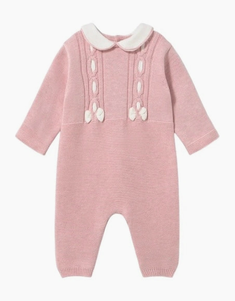 Girls Pink Knit Collared Bow Romper