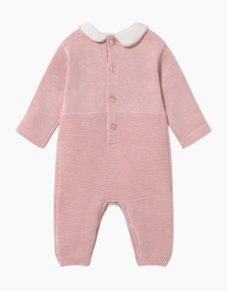 Girls Pink Knit Collared Bow Romper