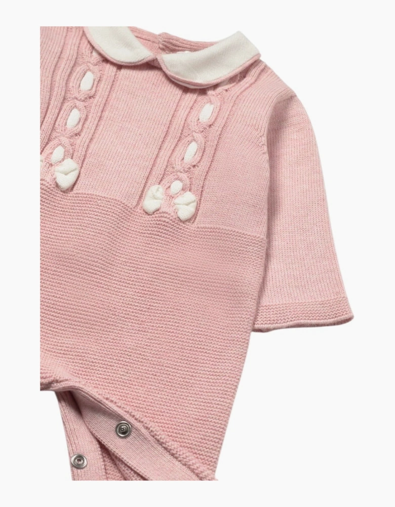 Girls Pink Knit Collared Bow Romper