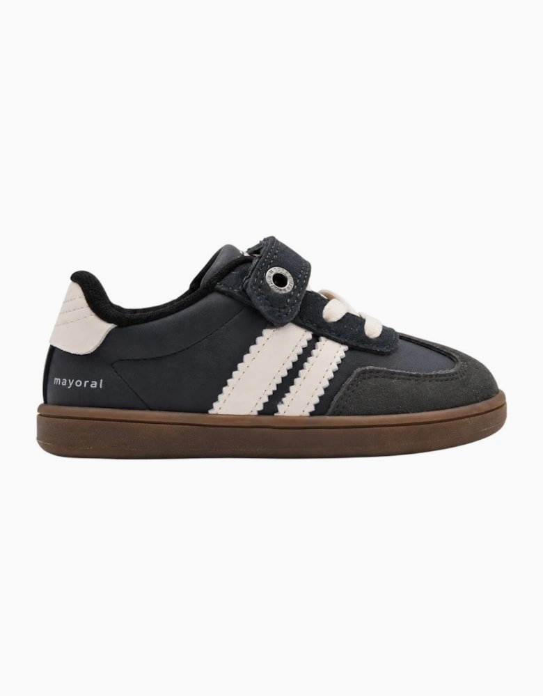 Boys Navy Leather Stripe Velcro Trainers