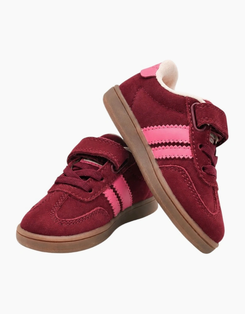 Girls Burgundy Pink Stripe Velcro Trainers
