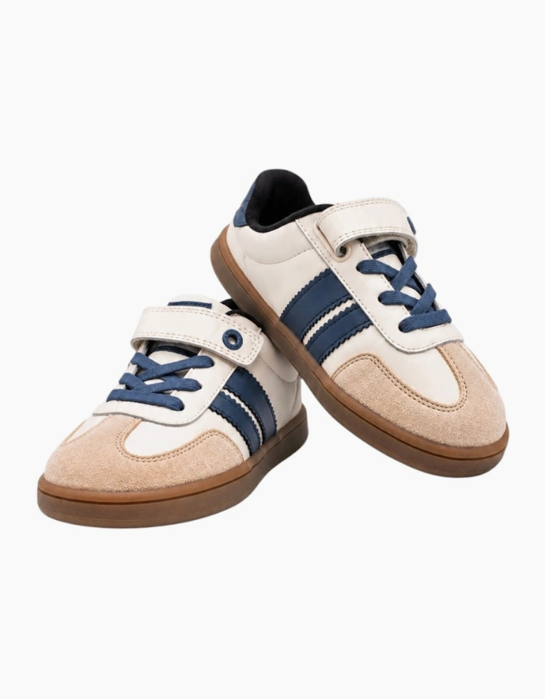 Boys White Leather Stripe Velcro Trainers