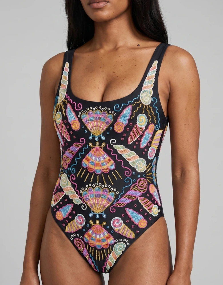 Oceanus x Zandra Rhodes Dreamy Dreamy One Piece Shell Swimsuit Black - Stock