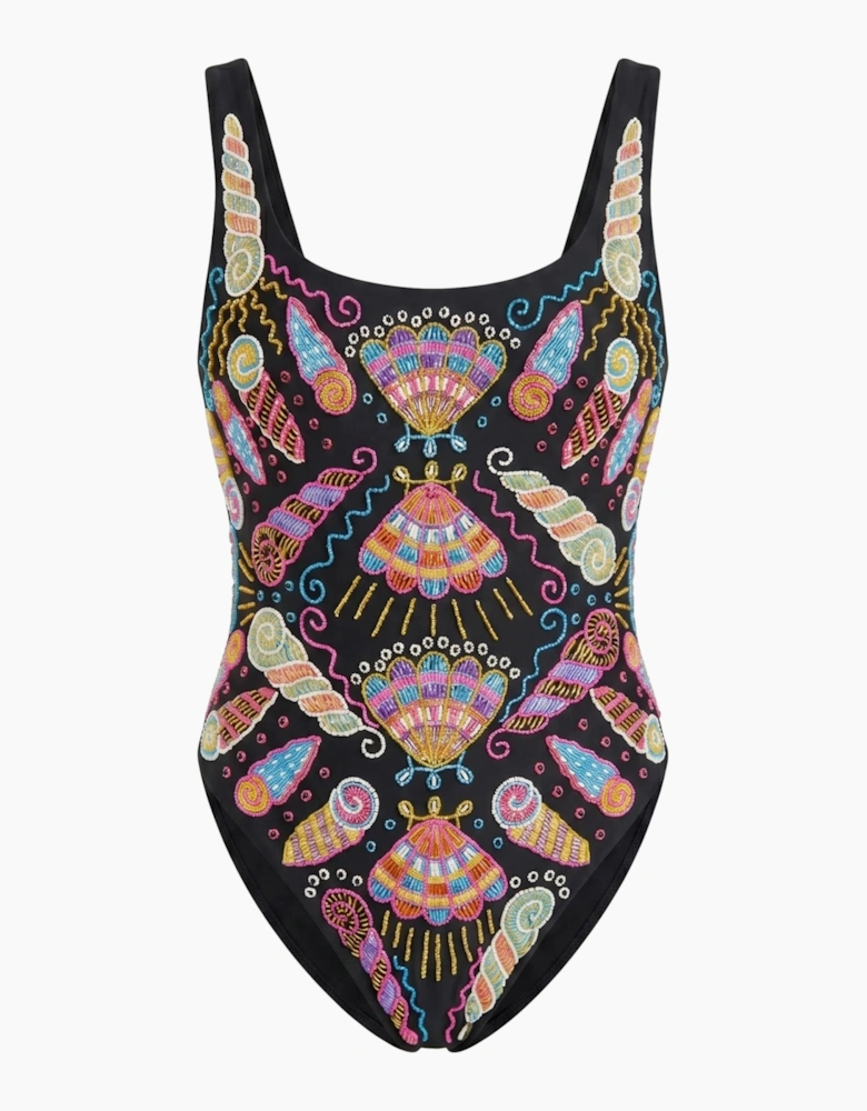 Oceanus x Zandra Rhodes Dreamy Dreamy One Piece Shell Swimsuit Black - Stock