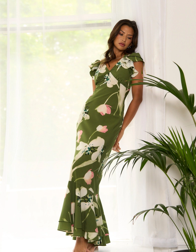 Green Floral Ruffle Maxi Dress