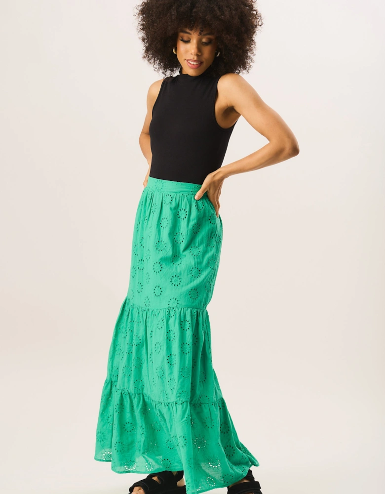 Green Tiered Lace Embroidered Long Skirt