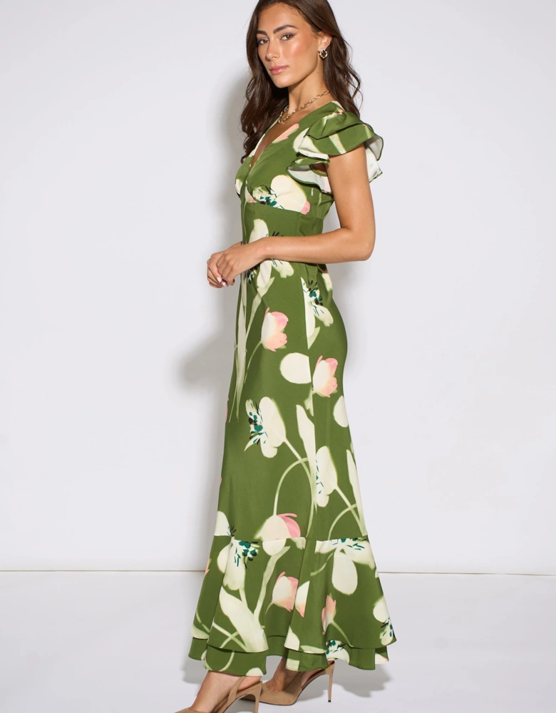 Green Floral Ruffle Maxi Dress