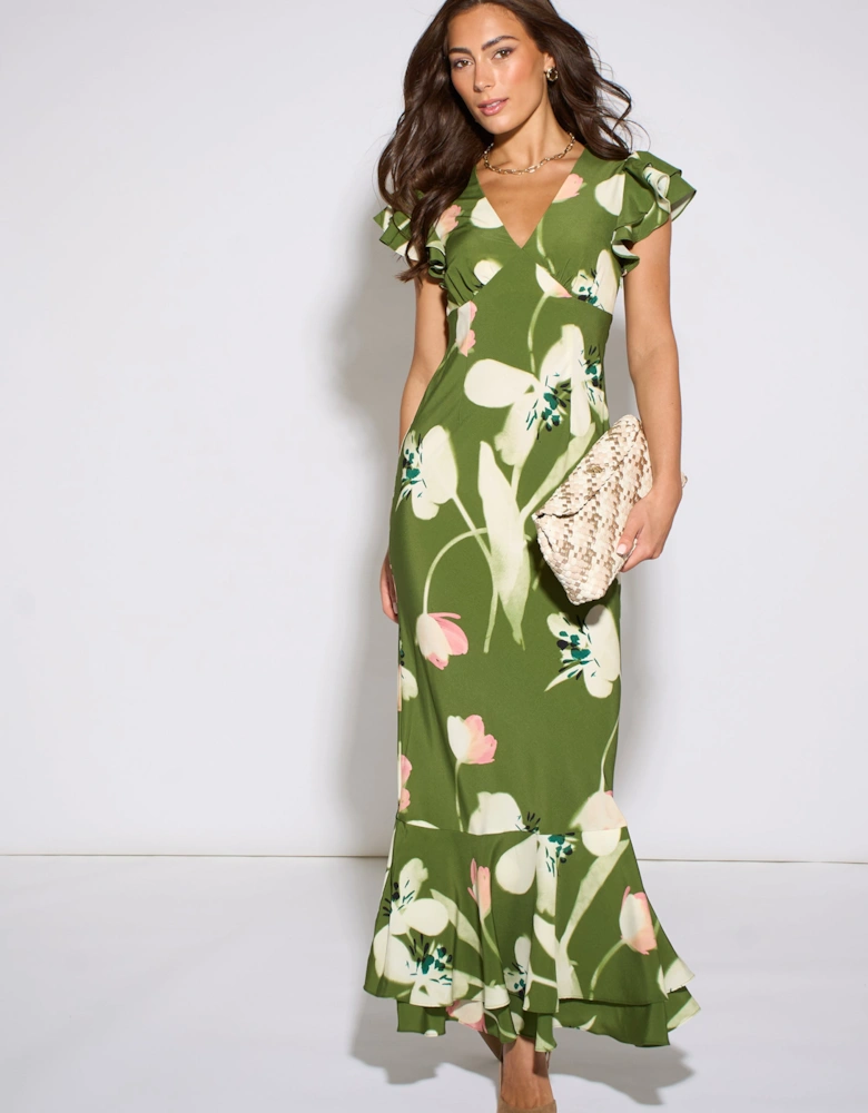 Green Floral Ruffle Maxi Dress