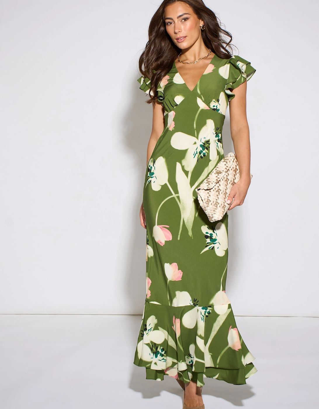 Green Floral Ruffle Maxi Dress