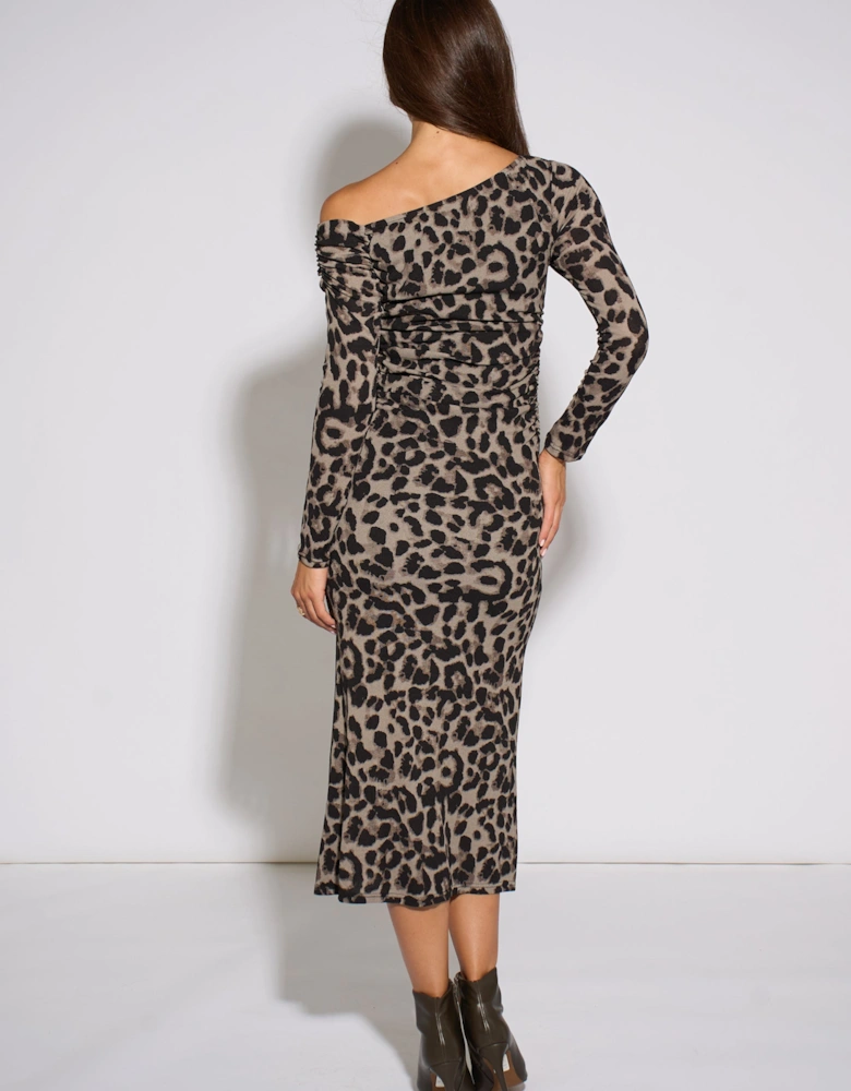 Grey Animal Jersey Animal One Shoulder Midi Dress