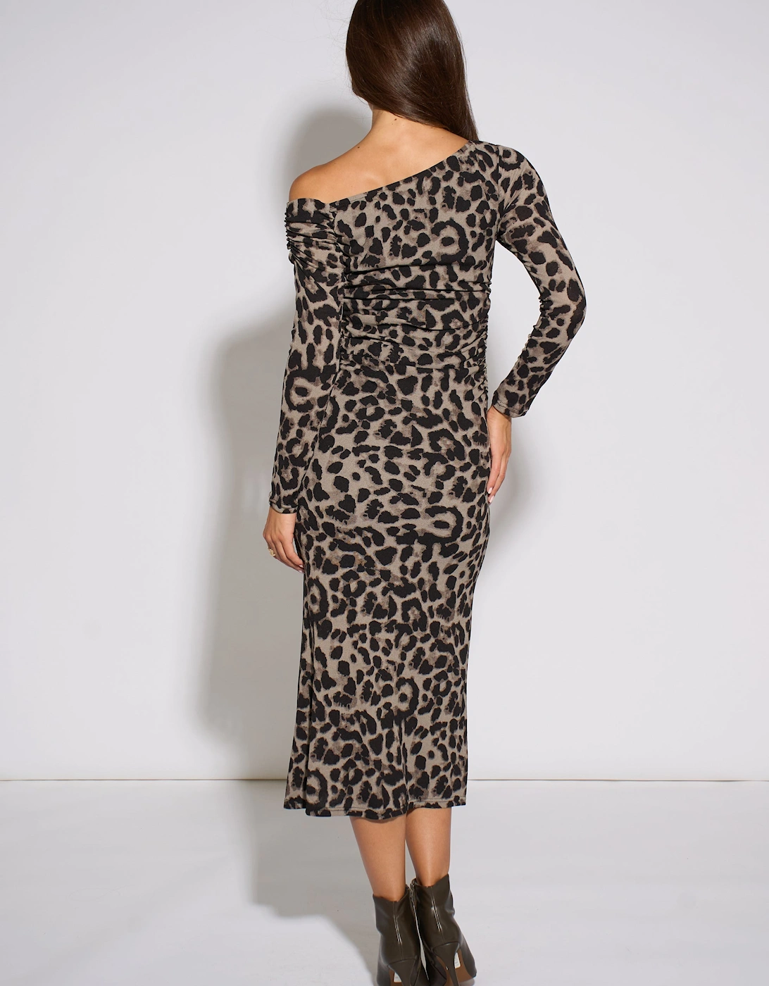 Grey Animal Jersey Animal One Shoulder Midi Dress