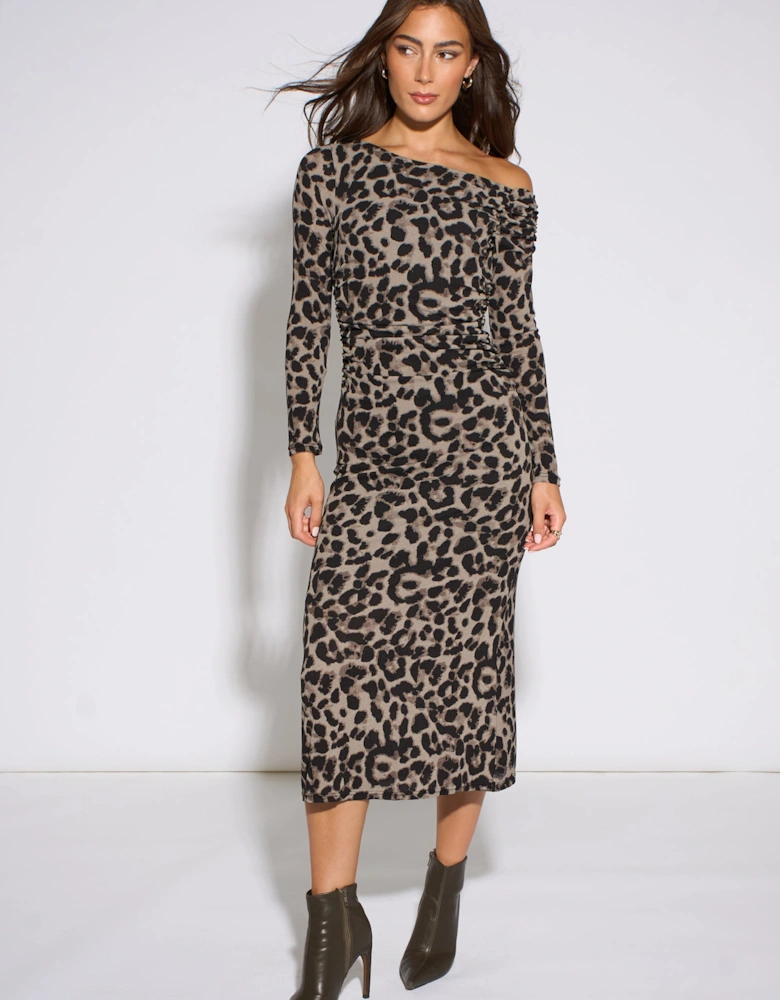 Grey Animal Jersey Animal One Shoulder Midi Dress